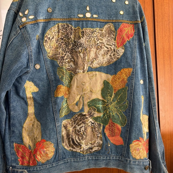 Vintage Custom Hand-Painted Safari Wearable Art Denim Jacket Size L - Picture 6 of 8